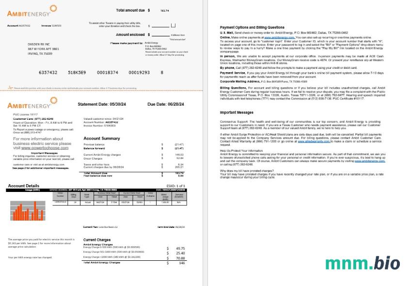 USA Ambit Energy rachunek za usługi komunalne Word and PDF template 1-2 pages